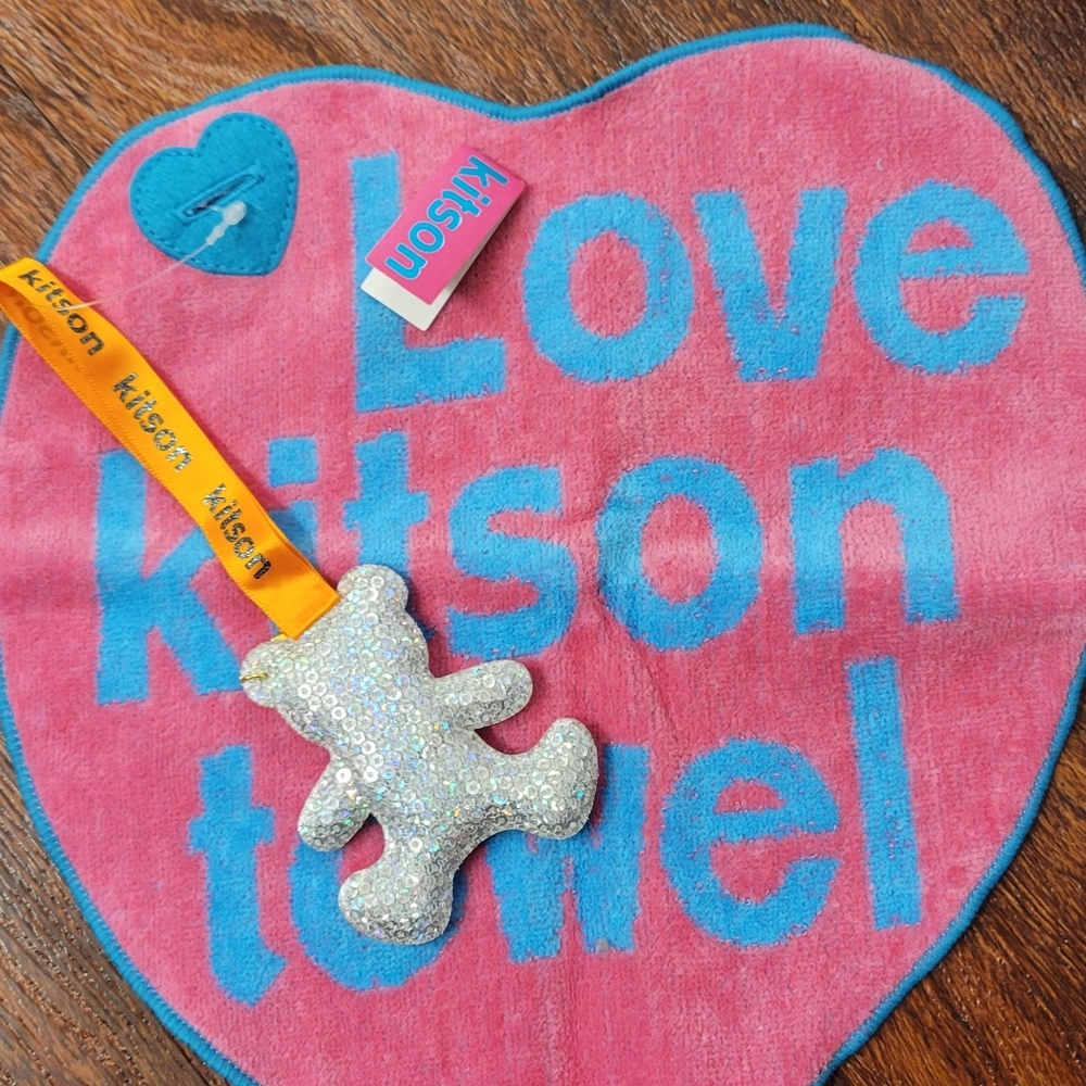 New Rare Kitson Pink Heart Towel with Silver Bear Golf Pickleball Hand Towel